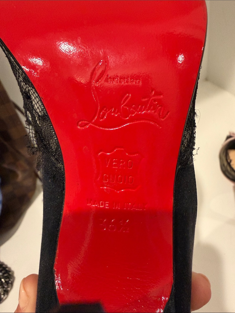 Christian Louboutin Black Lace Peep-Toe Heels with Pink Bow Accent - Picture 5 of 9